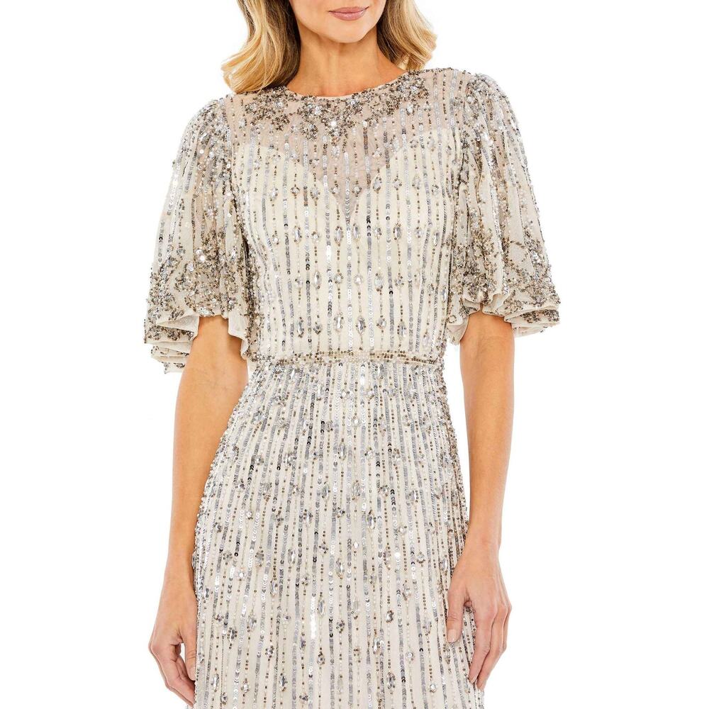 Mac Duggal Women's Nude Silver Sequined Flounce Sleeve Midi Dress Size 6 NWT - Picture 4 of 13